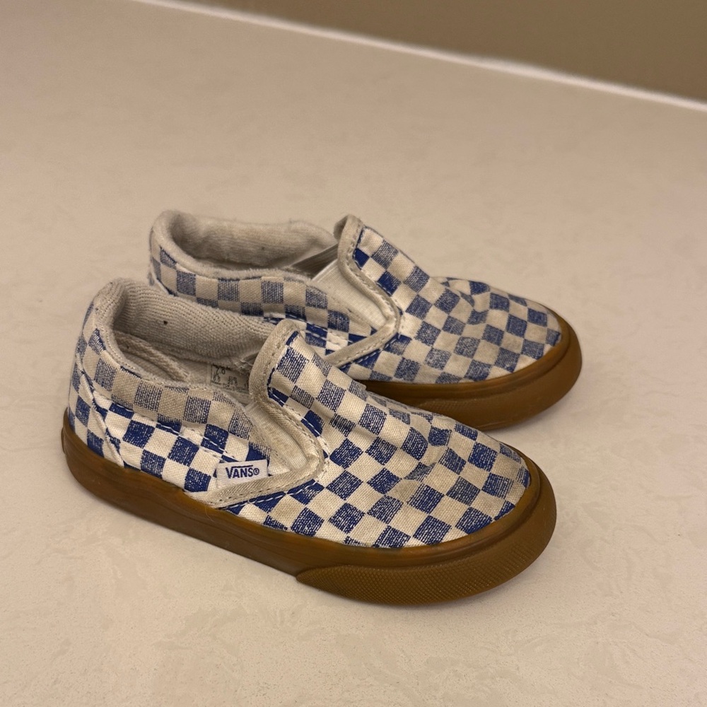 Vans Kids Slip-On Checkerboard Sneakers in Blue and Brown